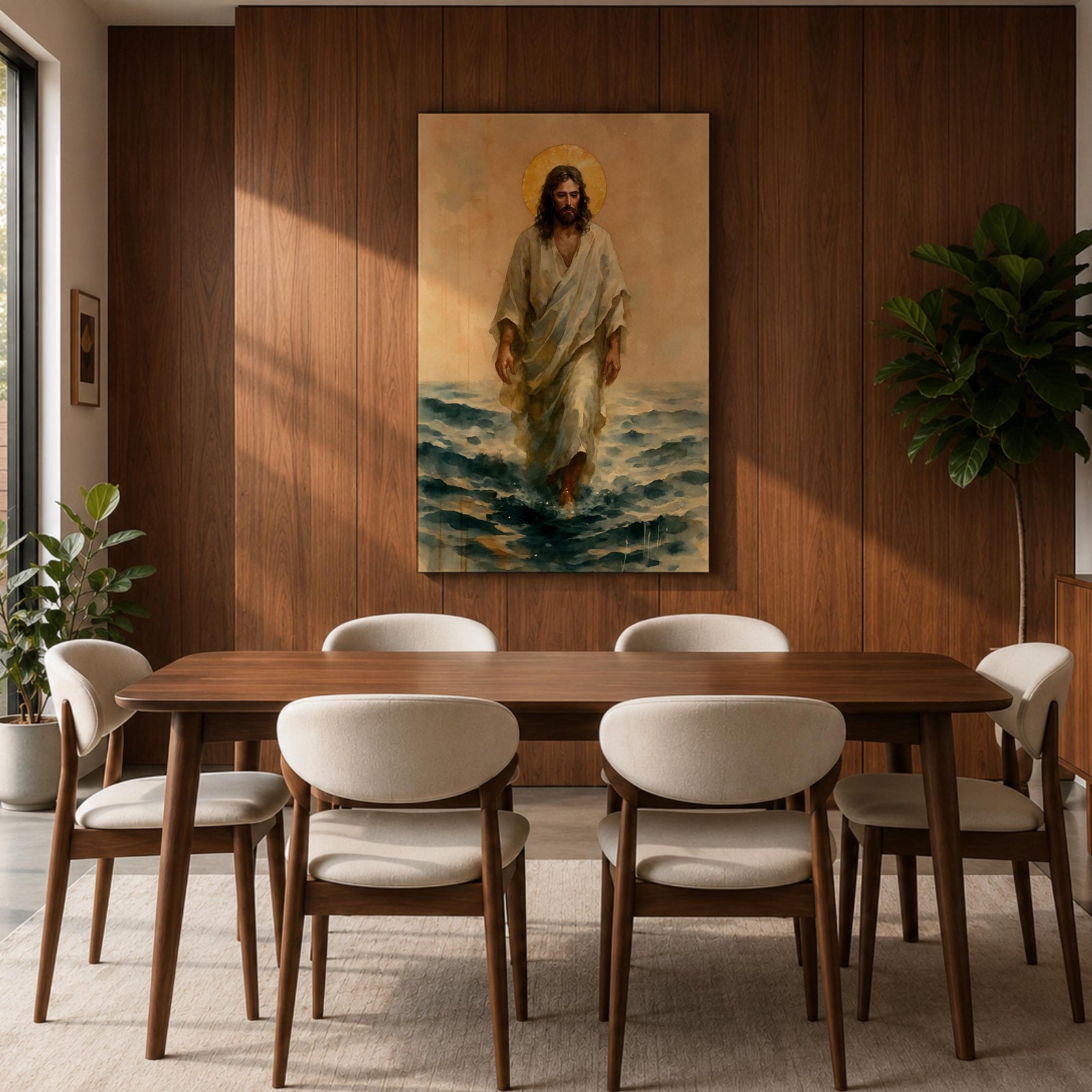 A watercolor style framed canvas depicting Jesus walking on water with a golden halo behind his head. The figure is dressed in flowing robes, stepping across waves with a serene expression. The artwork captures a biblical scene with soft, natural tones and detailed brushwork emphasizing movement and faith.