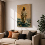A watercolor style framed canvas depicting Jesus walking on water with a golden halo behind his head. The figure is dressed in flowing robes, stepping across waves with a serene expression. The artwork captures a biblical scene with soft, natural tones and detailed brushwork emphasizing movement and faith.