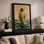 A watercolor style framed canvas depicting Jesus walking on water with a golden halo behind his head. The figure is dressed in flowing robes, stepping across waves with a serene expression. The artwork captures a biblical scene with soft, natural tones and detailed brushwork emphasizing movement and faith.