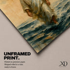 A watercolor style framed canvas depicting Jesus walking on water with a golden halo behind his head. The figure is dressed in flowing robes, stepping across waves with a serene expression. The artwork captures a biblical scene with soft, natural tones and detailed brushwork emphasizing movement and faith.
