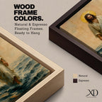 A watercolor style framed canvas depicting Jesus walking on water with a golden halo behind his head. The figure is dressed in flowing robes, stepping across waves with a serene expression. The artwork captures a biblical scene with soft, natural tones and detailed brushwork emphasizing movement and faith.