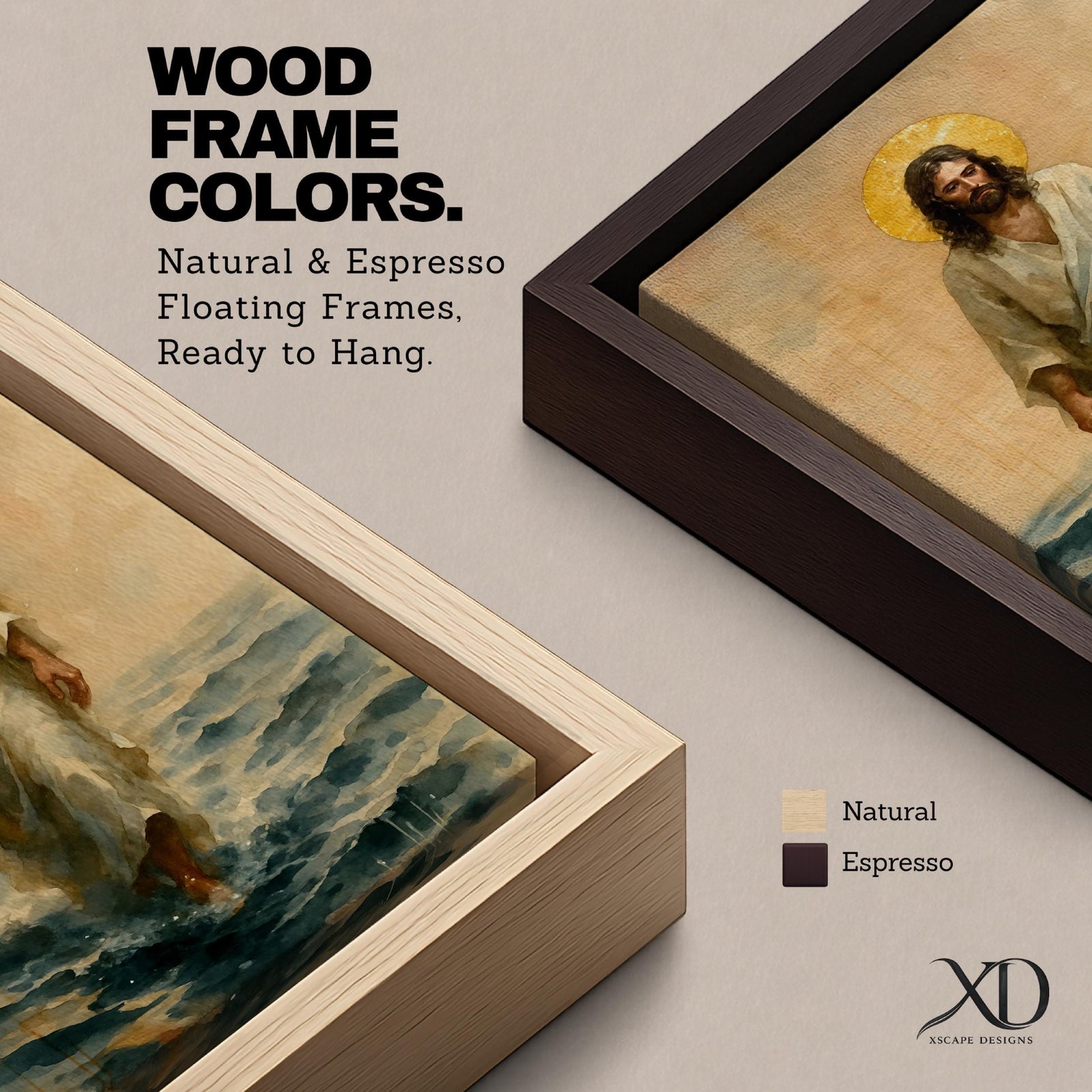 A watercolor style framed canvas depicting Jesus walking on water with a golden halo behind his head. The figure is dressed in flowing robes, stepping across waves with a serene expression. The artwork captures a biblical scene with soft, natural tones and detailed brushwork emphasizing movement and faith.