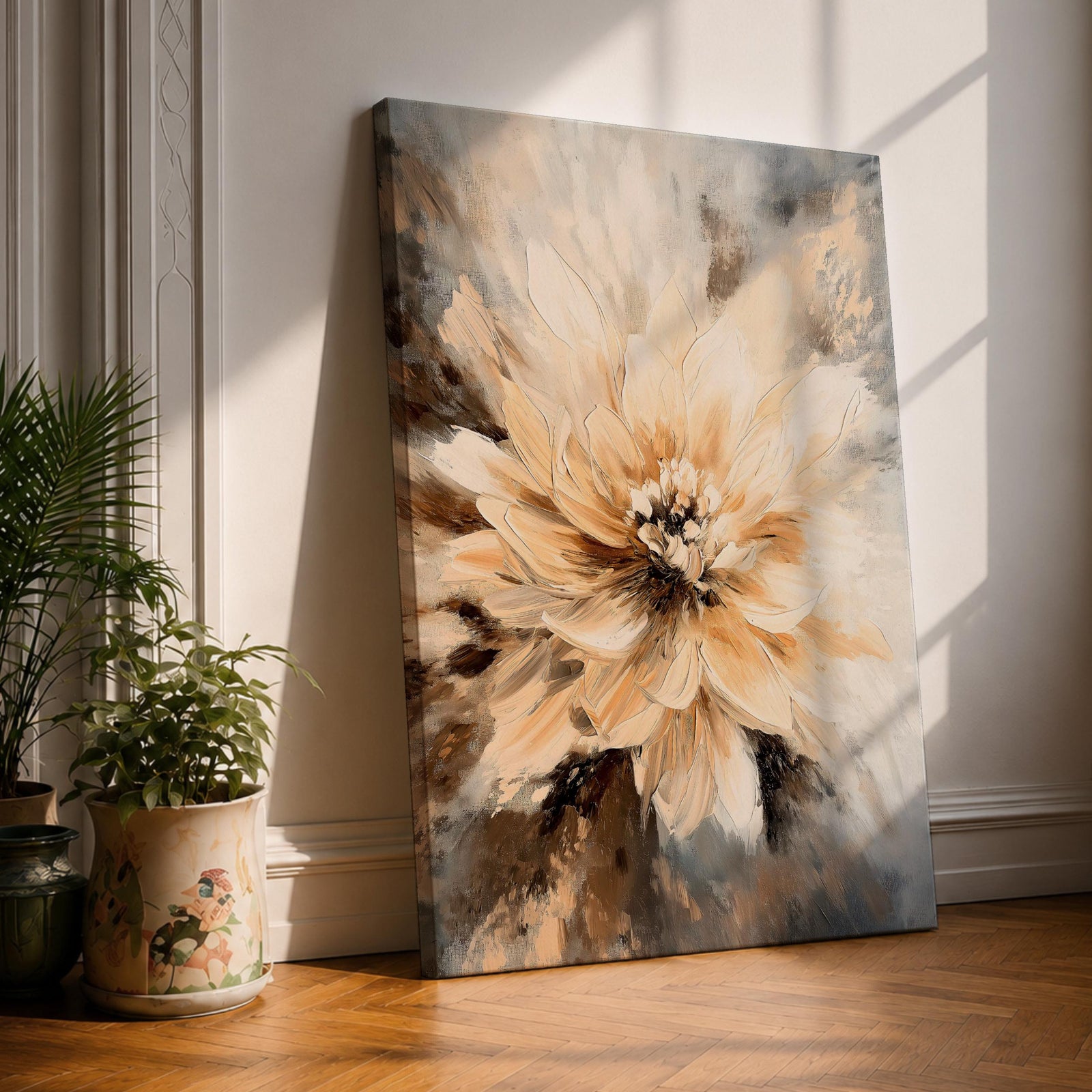 A detailed oil painting of a large floral bloom rendered in soft beige and neutral tones with vintage botanical style. The flower petals are layered and textured with a classic oil paint technique, creating a warm and natural composition focused on the single flower subject.