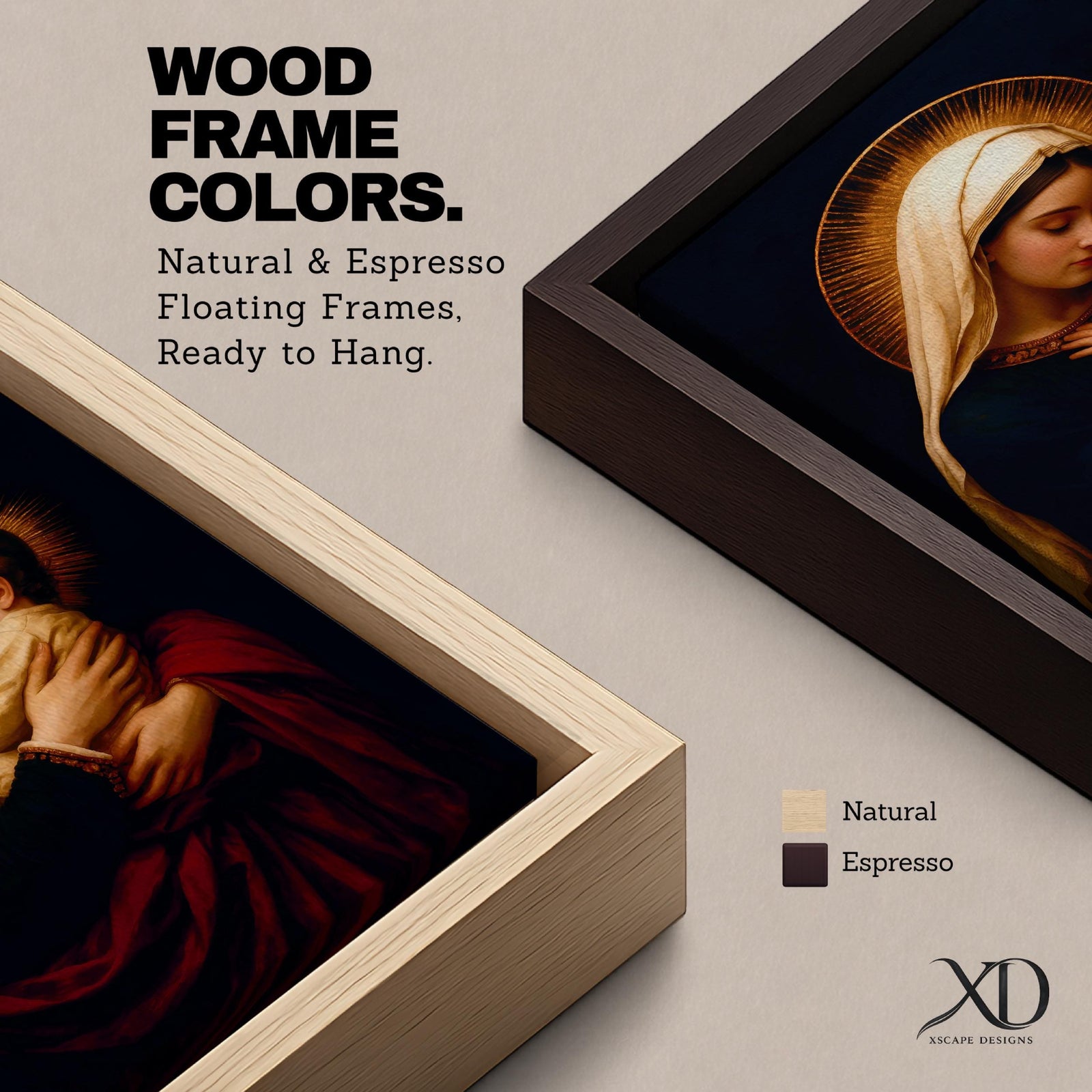 A vintage style framed canvas depicting Virgin Mary holding baby Jesus, both with radiant halos. The image features traditional Catholic iconography with detailed, soft textures and warm tones emphasizing the sacred mother and child portrait.