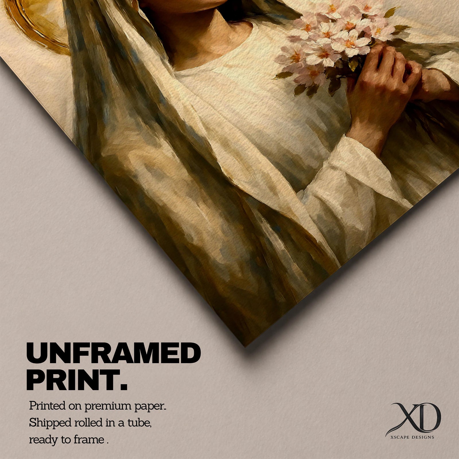 A vintage-style painting of the Virgin Mary depicted as Our Lady of Grace, holding a bouquet of flowers, with a golden halo behind her head. The artwork features soft, realistic brushwork and a classic religious portrait style emphasizing serenity and devotion.