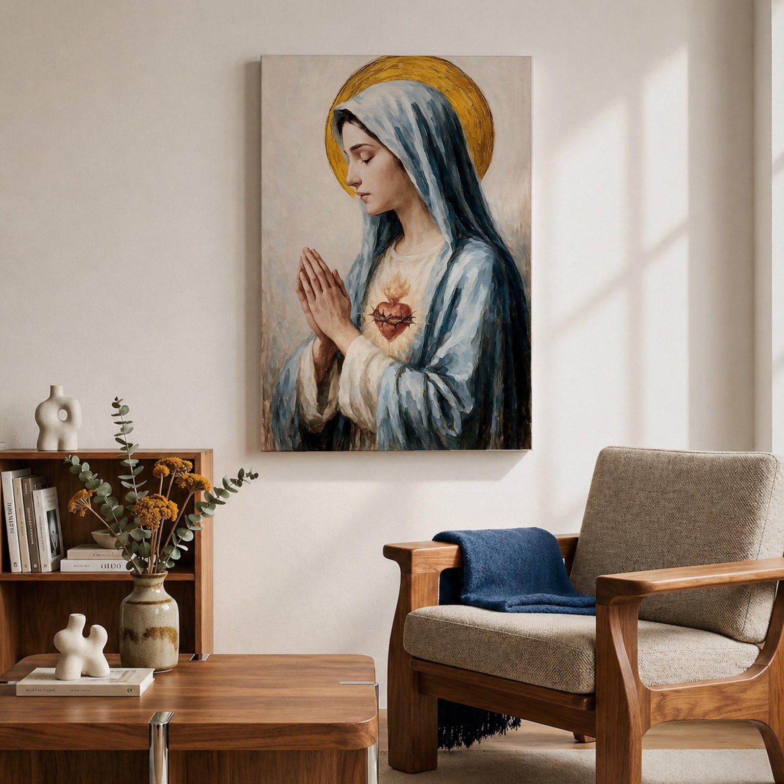 A detailed painting of the Immaculate Heart of Mary depicting a woman in a blue veil with hands clasped in prayer, a flaming heart with thorns on her chest, rendered in a vintage style with soft brushstrokes and a golden halo behind her head.