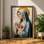 A detailed painting of the Immaculate Heart of Mary depicting a woman in a blue veil with hands clasped in prayer, a flaming heart with thorns on her chest, rendered in a vintage style with soft brushstrokes and a golden halo behind her head.