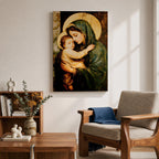 Painting of the Virgin Mary gently holding the sleeping baby Jesus in her arms, both figures shown with soft golden halos while Mary wears a green mantle and tenderly embraces the child, rendered in a traditional devotional style emphasizing the Madonna and Child composition with warm tones and classic Christian iconography.