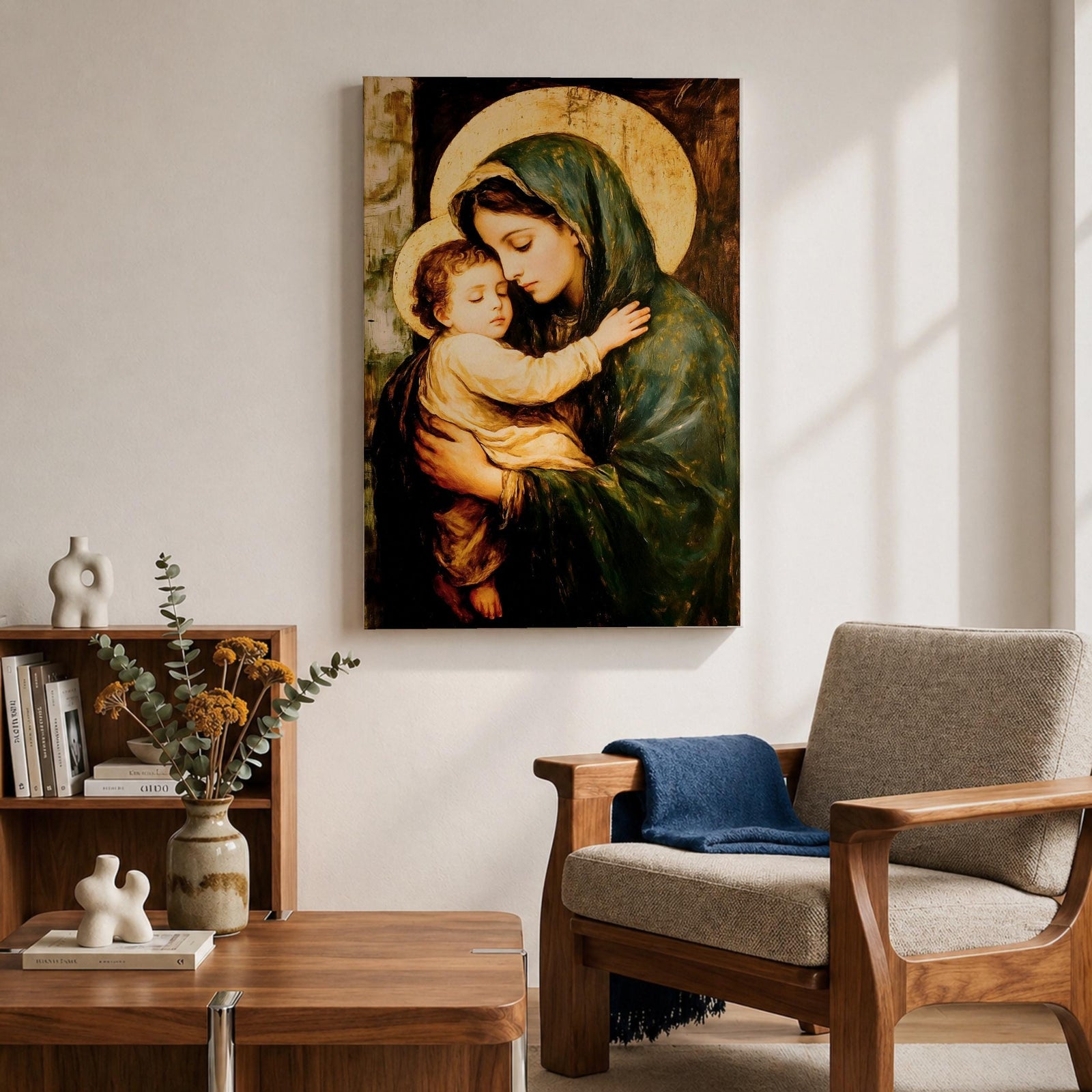 Painting of the Virgin Mary gently holding the sleeping baby Jesus in her arms, both figures shown with soft golden halos while Mary wears a green mantle and tenderly embraces the child, rendered in a traditional devotional style emphasizing the Madonna and Child composition with warm tones and classic Christian iconography.