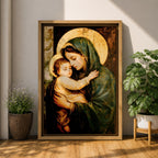 Painting of the Virgin Mary gently holding the sleeping baby Jesus in her arms, both figures shown with soft golden halos while Mary wears a green mantle and tenderly embraces the child, rendered in a traditional devotional style emphasizing the Madonna and Child composition with warm tones and classic Christian iconography.