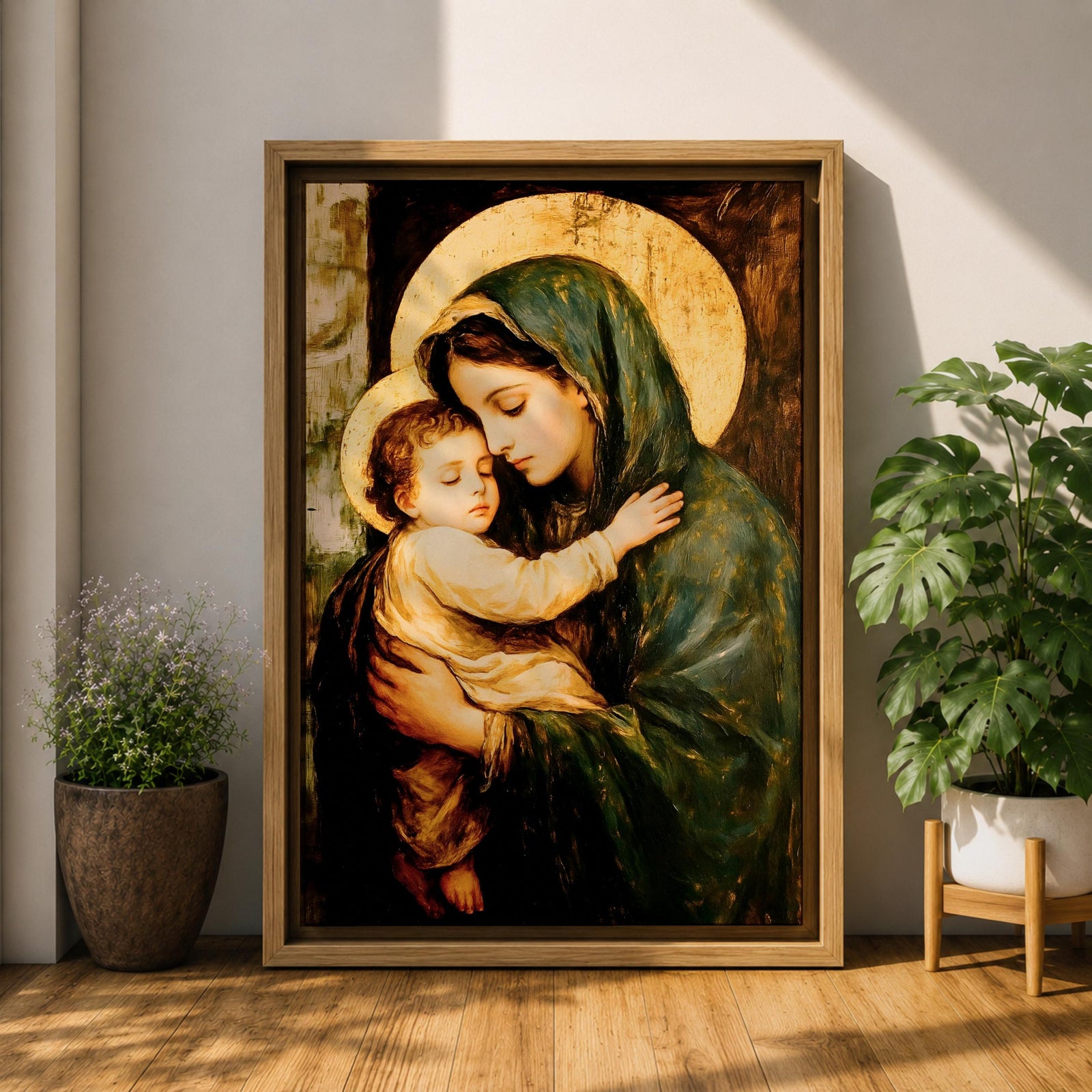 Painting of the Virgin Mary gently holding the sleeping baby Jesus in her arms, both figures shown with soft golden halos while Mary wears a green mantle and tenderly embraces the child, rendered in a traditional devotional style emphasizing the Madonna and Child composition with warm tones and classic Christian iconography.