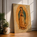 A framed vintage-style depiction of Our Lady of Guadalupe shows a praying woman draped in a starry mantle with a glowing aura, standing on a crescent moon supported by an angel's face, rendered in warm tones with a textured aged background.