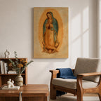 A framed vintage-style depiction of Our Lady of Guadalupe shows a praying woman draped in a starry mantle with a glowing aura, standing on a crescent moon supported by an angel's face, rendered in warm tones with a textured aged background.