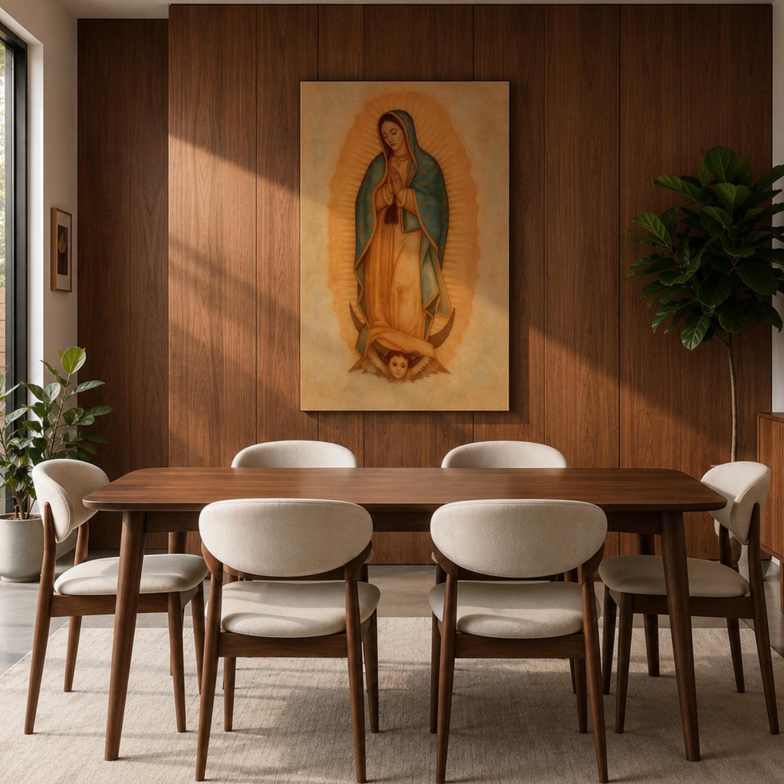 A framed vintage-style depiction of Our Lady of Guadalupe shows a praying woman draped in a starry mantle with a glowing aura, standing on a crescent moon supported by an angel's face, rendered in warm tones with a textured aged background.