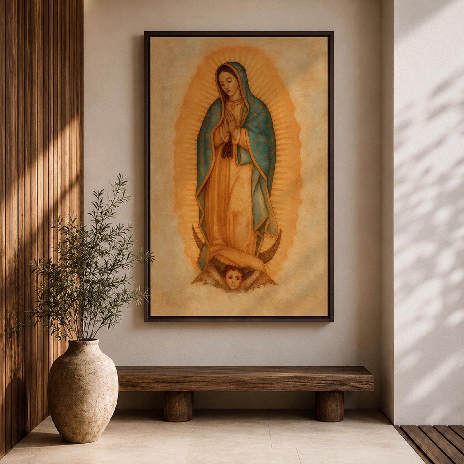 A framed vintage-style depiction of Our Lady of Guadalupe shows a praying woman draped in a starry mantle with a glowing aura, standing on a crescent moon supported by an angel's face, rendered in warm tones with a textured aged background.