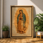 A framed vintage-style depiction of Our Lady of Guadalupe shows a praying woman draped in a starry mantle with a glowing aura, standing on a crescent moon supported by an angel's face, rendered in warm tones with a textured aged background.