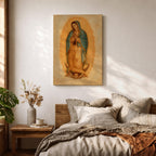 A framed vintage-style depiction of Our Lady of Guadalupe shows a praying woman draped in a starry mantle with a glowing aura, standing on a crescent moon supported by an angel's face, rendered in warm tones with a textured aged background.
