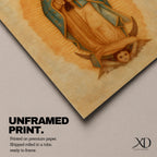 A framed vintage-style depiction of Our Lady of Guadalupe shows a praying woman draped in a starry mantle with a glowing aura, standing on a crescent moon supported by an angel's face, rendered in warm tones with a textured aged background.