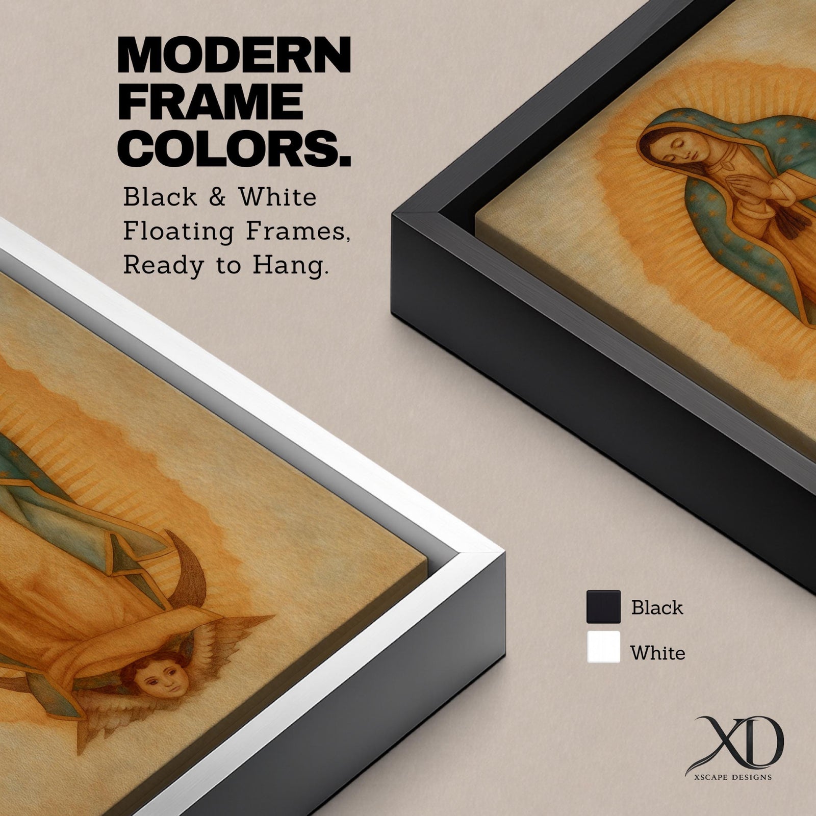 A framed vintage-style depiction of Our Lady of Guadalupe shows a praying woman draped in a starry mantle with a glowing aura, standing on a crescent moon supported by an angel's face, rendered in warm tones with a textured aged background.