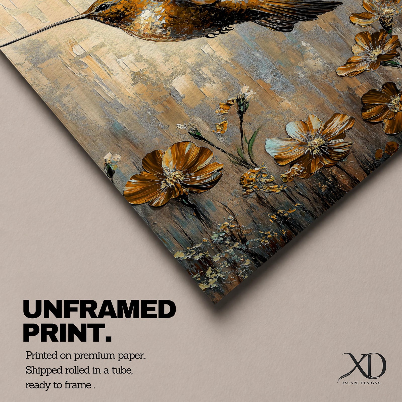 A detailed vintage-style framed canvas depicting a ruby-throated hummingbird in mid-flight above blooming flowers, rendered with textured brush strokes and warm tones, capturing the delicate beauty of the bird and floral elements in a classic nature-inspired composition.