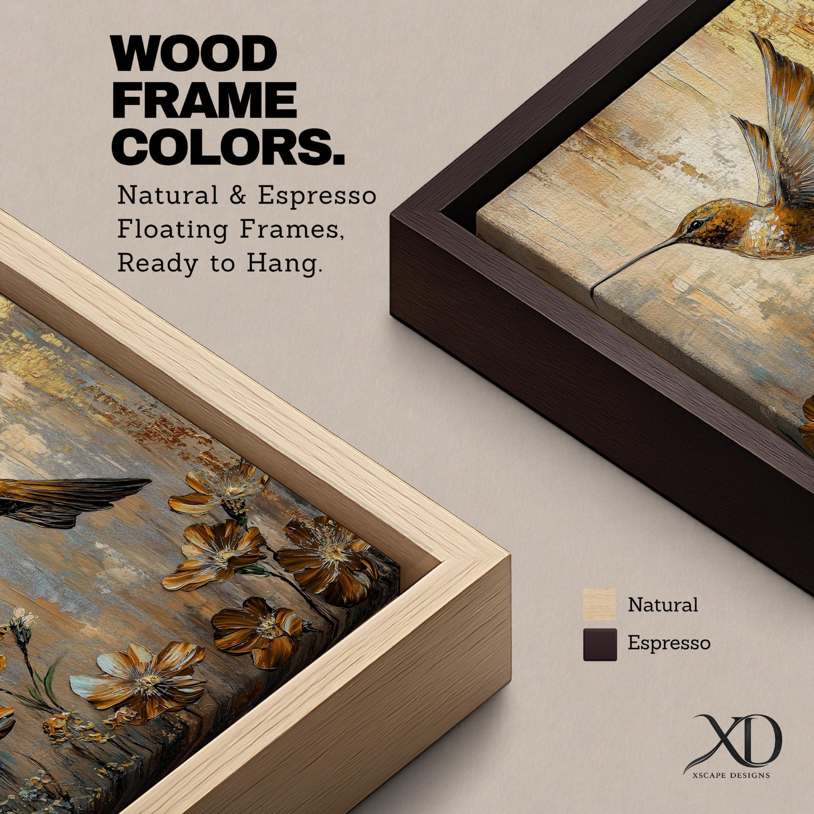 A detailed vintage-style framed canvas depicting a ruby-throated hummingbird in mid-flight above blooming flowers, rendered with textured brush strokes and warm tones, capturing the delicate beauty of the bird and floral elements in a classic nature-inspired composition.