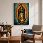 An impasto style oil painting of Our Lady of Guadalupe depicts the Virgin of Guadalupe standing with hands clasped in prayer, surrounded by a radiant orange and blue aura, with detailed brush strokes emphasizing texture and depth, resting on a cherubic angel at her feet.