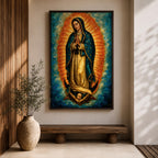 An impasto style oil painting of Our Lady of Guadalupe depicts the Virgin of Guadalupe standing with hands clasped in prayer, surrounded by a radiant orange and blue aura, with detailed brush strokes emphasizing texture and depth, resting on a cherubic angel at her feet.