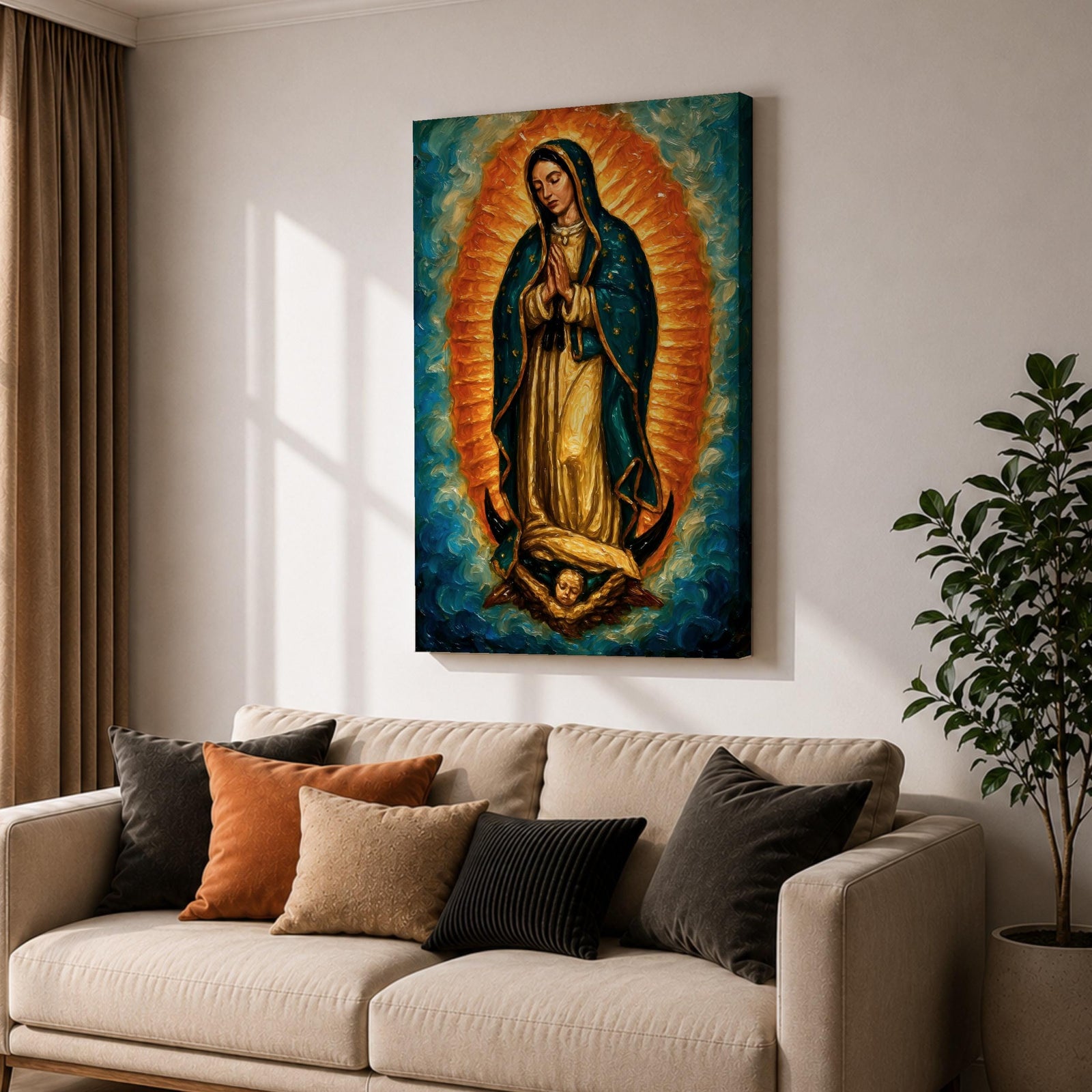 An impasto style oil painting of Our Lady of Guadalupe depicts the Virgin of Guadalupe standing with hands clasped in prayer, surrounded by a radiant orange and blue aura, with detailed brush strokes emphasizing texture and depth, resting on a cherubic angel at her feet.
