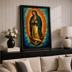 An impasto style oil painting of Our Lady of Guadalupe depicts the Virgin of Guadalupe standing with hands clasped in prayer, surrounded by a radiant orange and blue aura, with detailed brush strokes emphasizing texture and depth, resting on a cherubic angel at her feet.