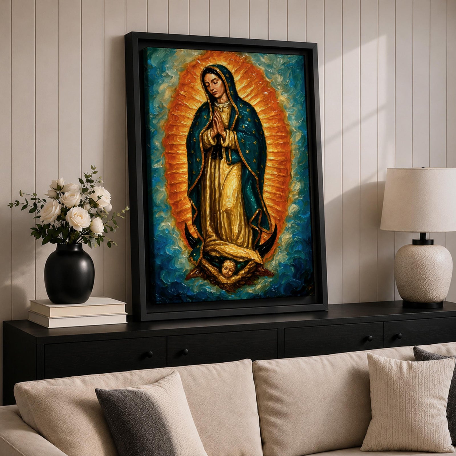 An impasto style oil painting of Our Lady of Guadalupe depicts the Virgin of Guadalupe standing with hands clasped in prayer, surrounded by a radiant orange and blue aura, with detailed brush strokes emphasizing texture and depth, resting on a cherubic angel at her feet.