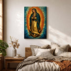 An impasto style oil painting of Our Lady of Guadalupe depicts the Virgin of Guadalupe standing with hands clasped in prayer, surrounded by a radiant orange and blue aura, with detailed brush strokes emphasizing texture and depth, resting on a cherubic angel at her feet.