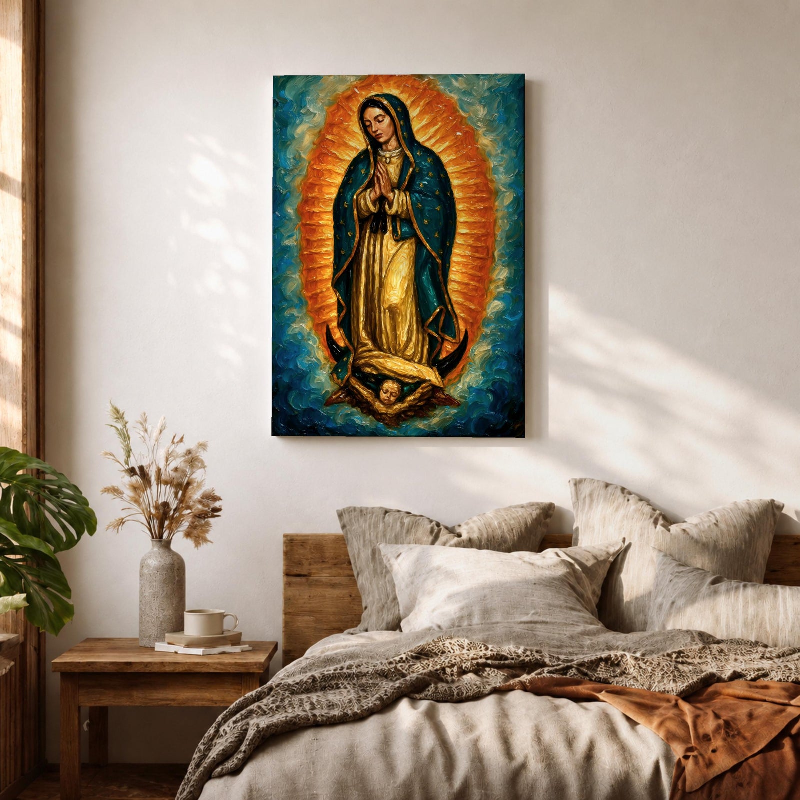 An impasto style oil painting of Our Lady of Guadalupe depicts the Virgin of Guadalupe standing with hands clasped in prayer, surrounded by a radiant orange and blue aura, with detailed brush strokes emphasizing texture and depth, resting on a cherubic angel at her feet.