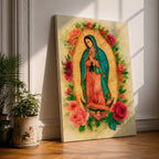 Watercolor style depiction of Our Lady of Guadalupe standing in prayer within a glowing golden mandorla halo, wearing a teal mantle and rose colored robe while surrounded by blooming roses, with a small angel supporting the crescent moon beneath her in a traditional Catholic devotional composition.