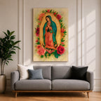 Watercolor style depiction of Our Lady of Guadalupe standing in prayer within a glowing golden mandorla halo, wearing a teal mantle and rose colored robe while surrounded by blooming roses, with a small angel supporting the crescent moon beneath her in a traditional Catholic devotional composition.