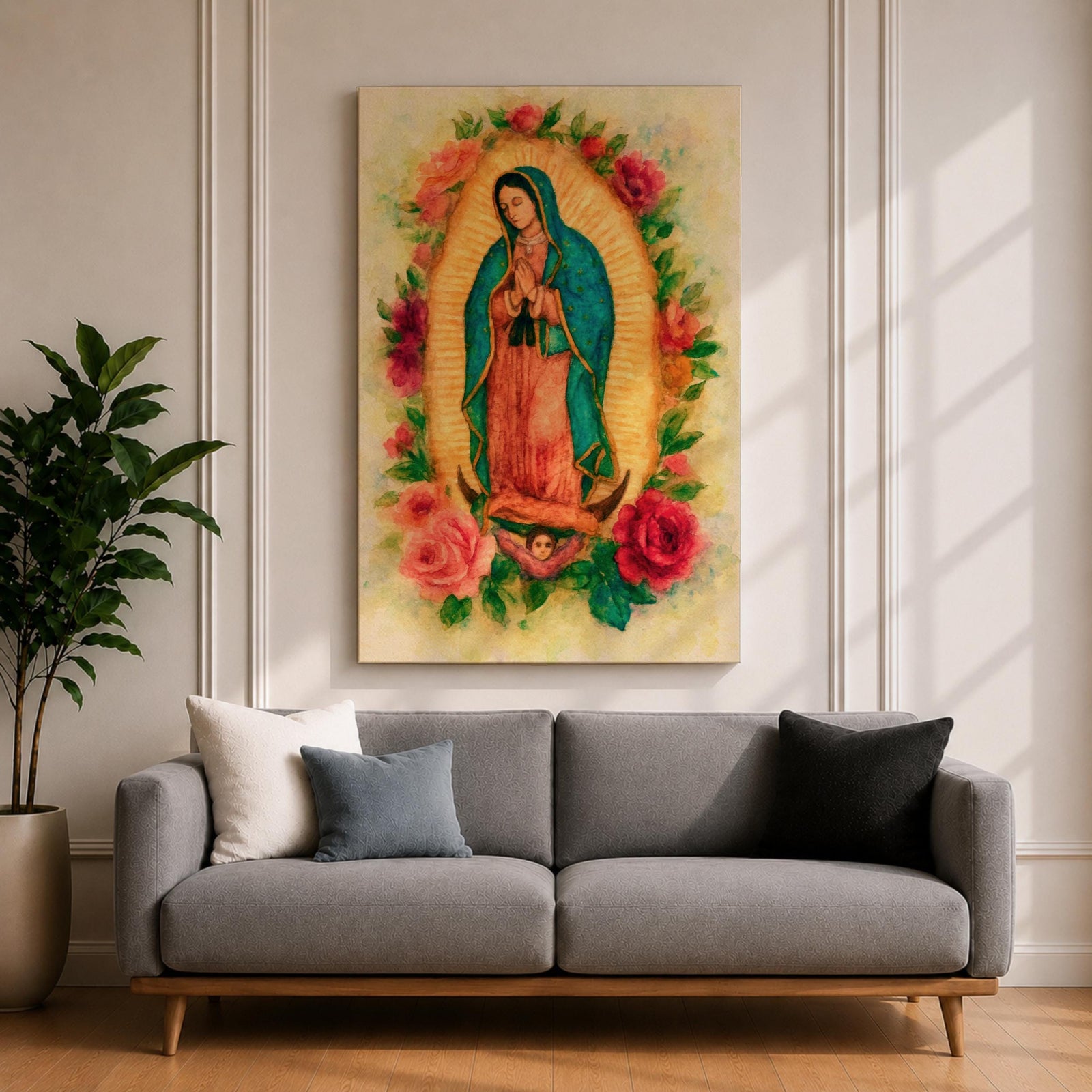 Watercolor style depiction of Our Lady of Guadalupe standing in prayer within a glowing golden mandorla halo, wearing a teal mantle and rose colored robe while surrounded by blooming roses, with a small angel supporting the crescent moon beneath her in a traditional Catholic devotional composition.