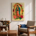 Watercolor style depiction of Our Lady of Guadalupe standing in prayer within a glowing golden mandorla halo, wearing a teal mantle and rose colored robe while surrounded by blooming roses, with a small angel supporting the crescent moon beneath her in a traditional Catholic devotional composition.