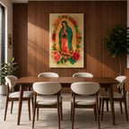 Watercolor style depiction of Our Lady of Guadalupe standing in prayer within a glowing golden mandorla halo, wearing a teal mantle and rose colored robe while surrounded by blooming roses, with a small angel supporting the crescent moon beneath her in a traditional Catholic devotional composition.