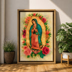 Watercolor style depiction of Our Lady of Guadalupe standing in prayer within a glowing golden mandorla halo, wearing a teal mantle and rose colored robe while surrounded by blooming roses, with a small angel supporting the crescent moon beneath her in a traditional Catholic devotional composition.
