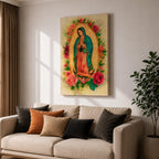 Watercolor style depiction of Our Lady of Guadalupe standing in prayer within a glowing golden mandorla halo, wearing a teal mantle and rose colored robe while surrounded by blooming roses, with a small angel supporting the crescent moon beneath her in a traditional Catholic devotional composition.