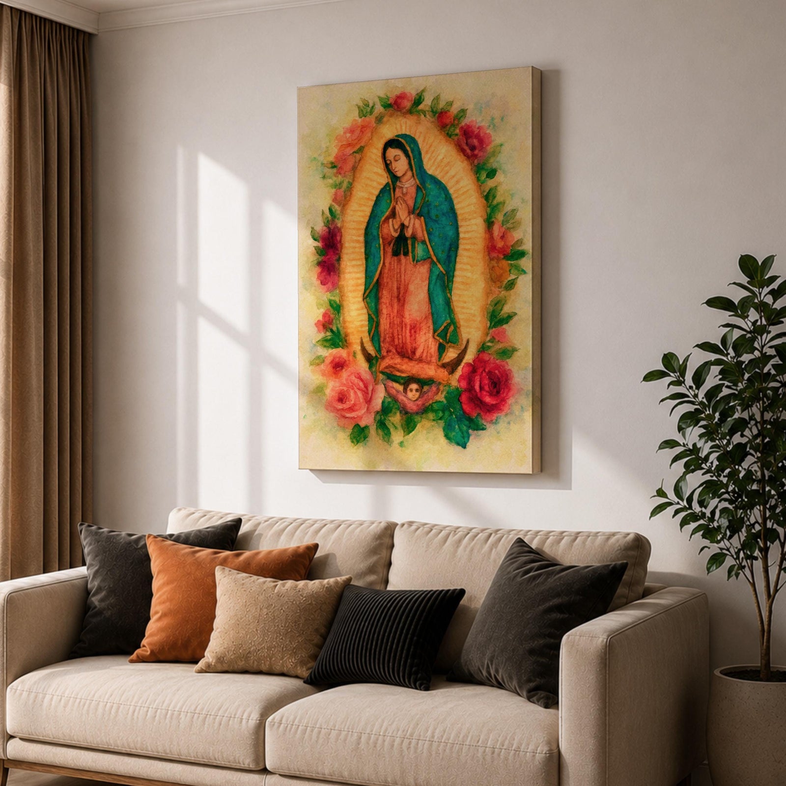Watercolor style depiction of Our Lady of Guadalupe standing in prayer within a glowing golden mandorla halo, wearing a teal mantle and rose colored robe while surrounded by blooming roses, with a small angel supporting the crescent moon beneath her in a traditional Catholic devotional composition.