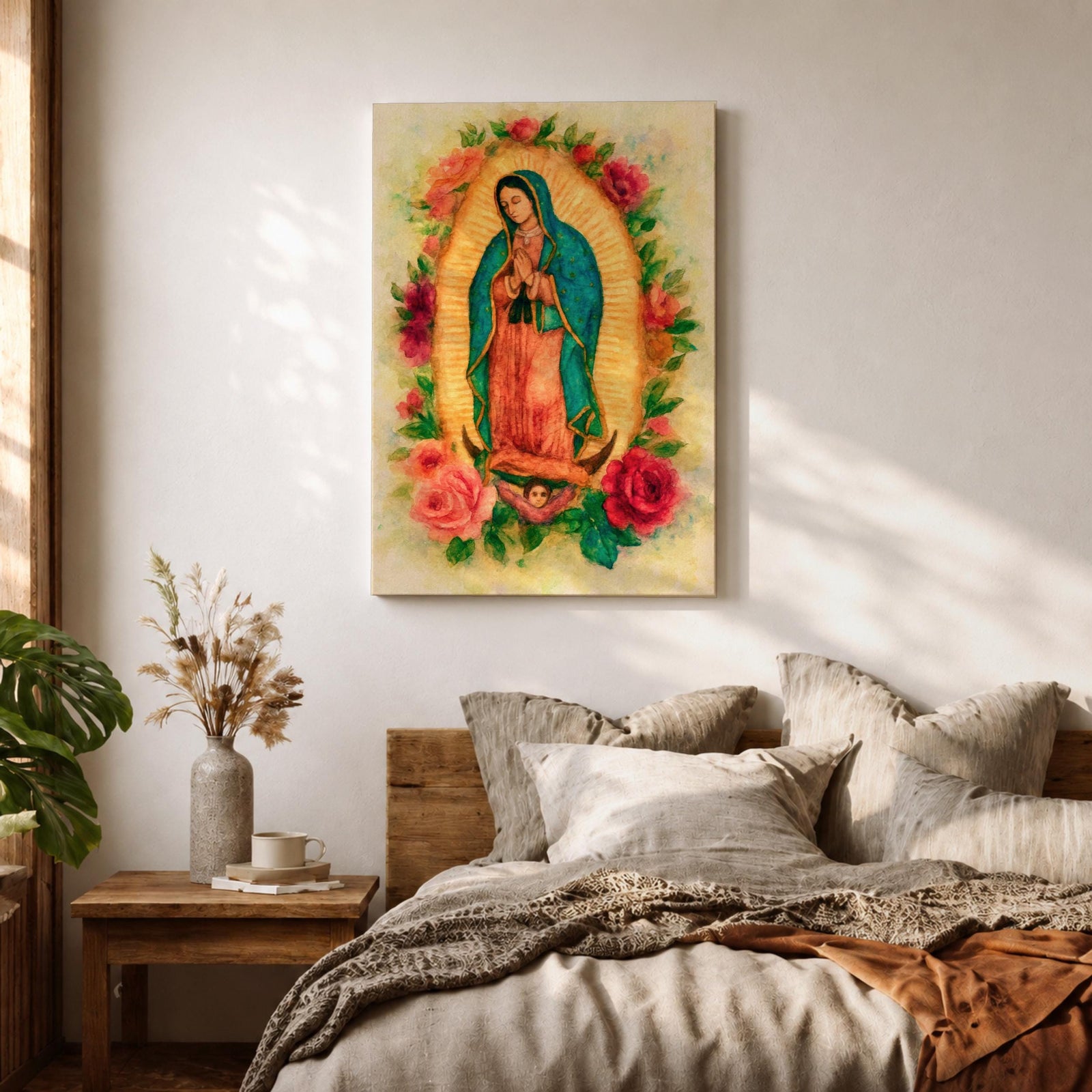Watercolor style depiction of Our Lady of Guadalupe standing in prayer within a glowing golden mandorla halo, wearing a teal mantle and rose colored robe while surrounded by blooming roses, with a small angel supporting the crescent moon beneath her in a traditional Catholic devotional composition.