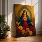 A detailed religious artwork depicting the Immaculate Heart of Mary with a glowing heart and surrounded by vibrant flowers, rendered in a classic icon style with rich textures and a golden background emphasizing the sacred theme.