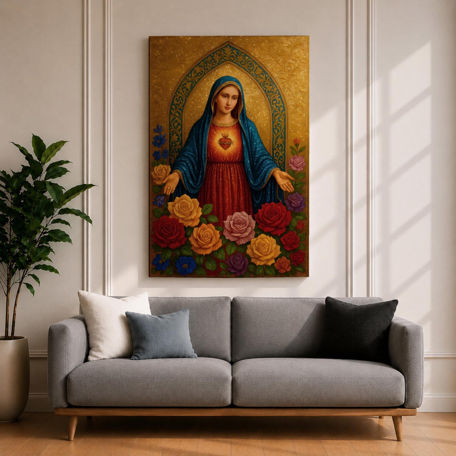 A detailed religious artwork depicting the Immaculate Heart of Mary with a glowing heart and surrounded by vibrant flowers, rendered in a classic icon style with rich textures and a golden background emphasizing the sacred theme.