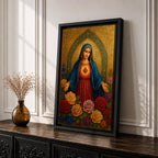 A detailed religious artwork depicting the Immaculate Heart of Mary with a glowing heart and surrounded by vibrant flowers, rendered in a classic icon style with rich textures and a golden background emphasizing the sacred theme.