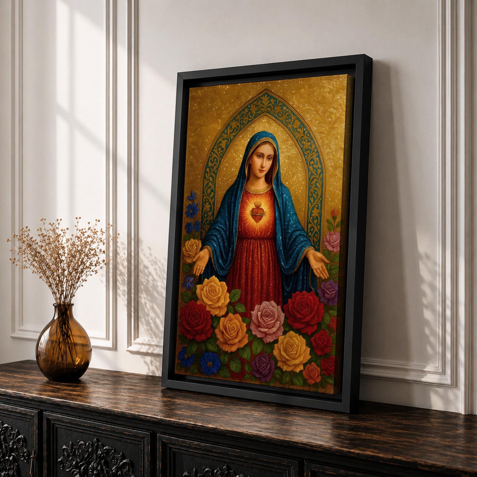 A detailed religious artwork depicting the Immaculate Heart of Mary with a glowing heart and surrounded by vibrant flowers, rendered in a classic icon style with rich textures and a golden background emphasizing the sacred theme.