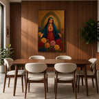 A detailed religious artwork depicting the Immaculate Heart of Mary with a glowing heart and surrounded by vibrant flowers, rendered in a classic icon style with rich textures and a golden background emphasizing the sacred theme.