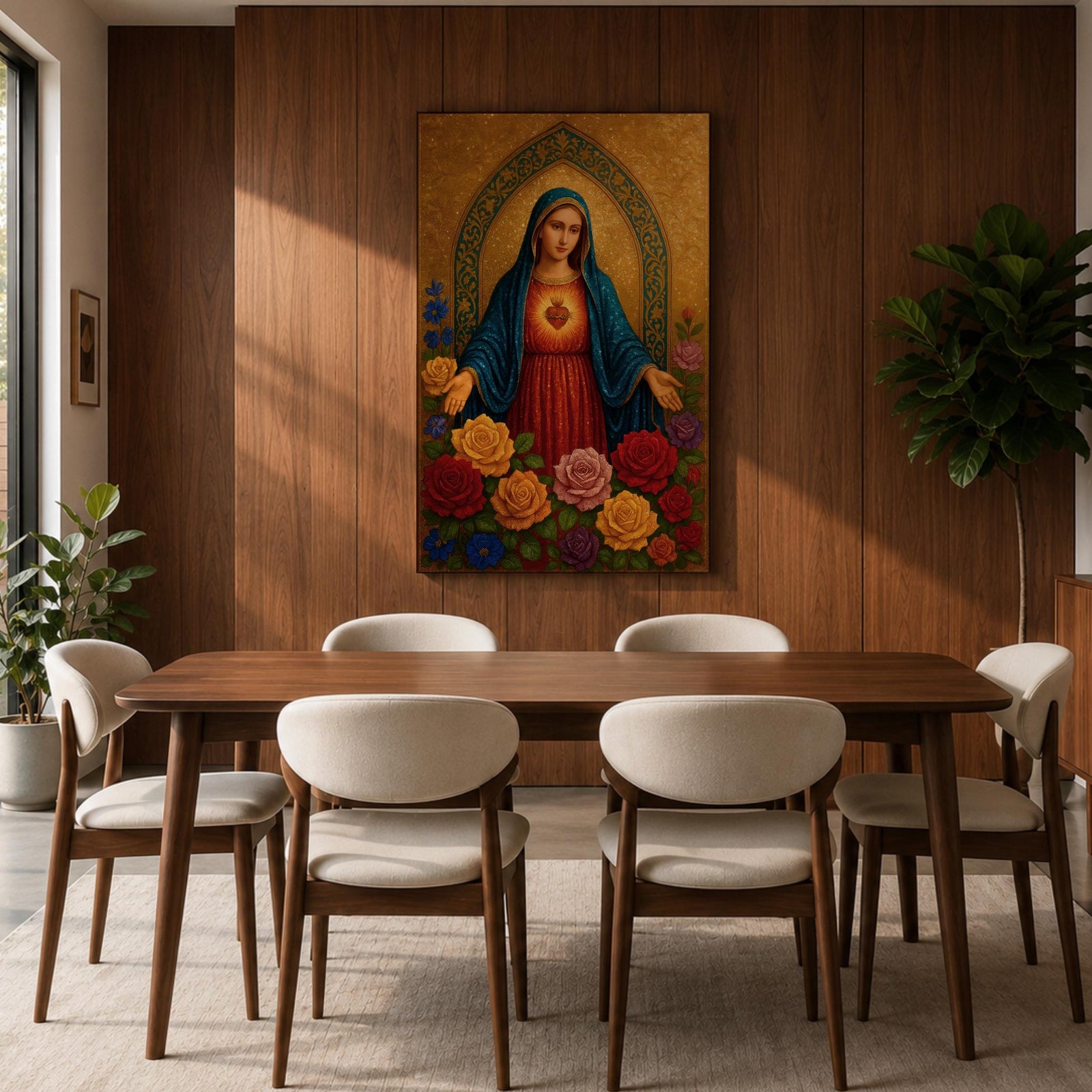 A detailed religious artwork depicting the Immaculate Heart of Mary with a glowing heart and surrounded by vibrant flowers, rendered in a classic icon style with rich textures and a golden background emphasizing the sacred theme.