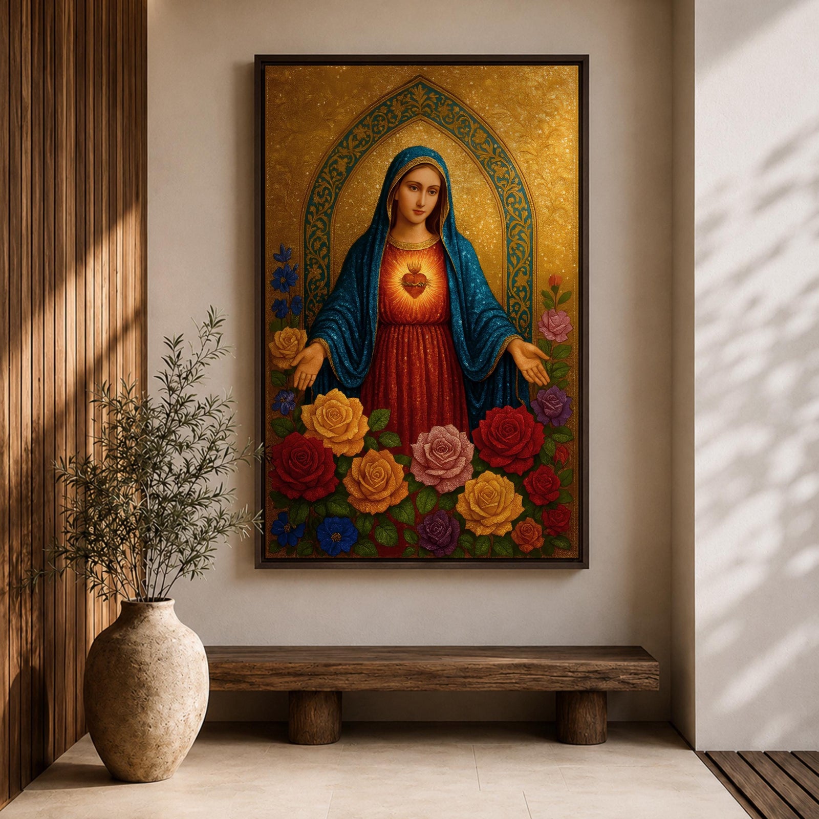 A detailed religious artwork depicting the Immaculate Heart of Mary with a glowing heart and surrounded by vibrant flowers, rendered in a classic icon style with rich textures and a golden background emphasizing the sacred theme.