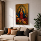 A detailed religious artwork depicting the Immaculate Heart of Mary with a glowing heart and surrounded by vibrant flowers, rendered in a classic icon style with rich textures and a golden background emphasizing the sacred theme.
