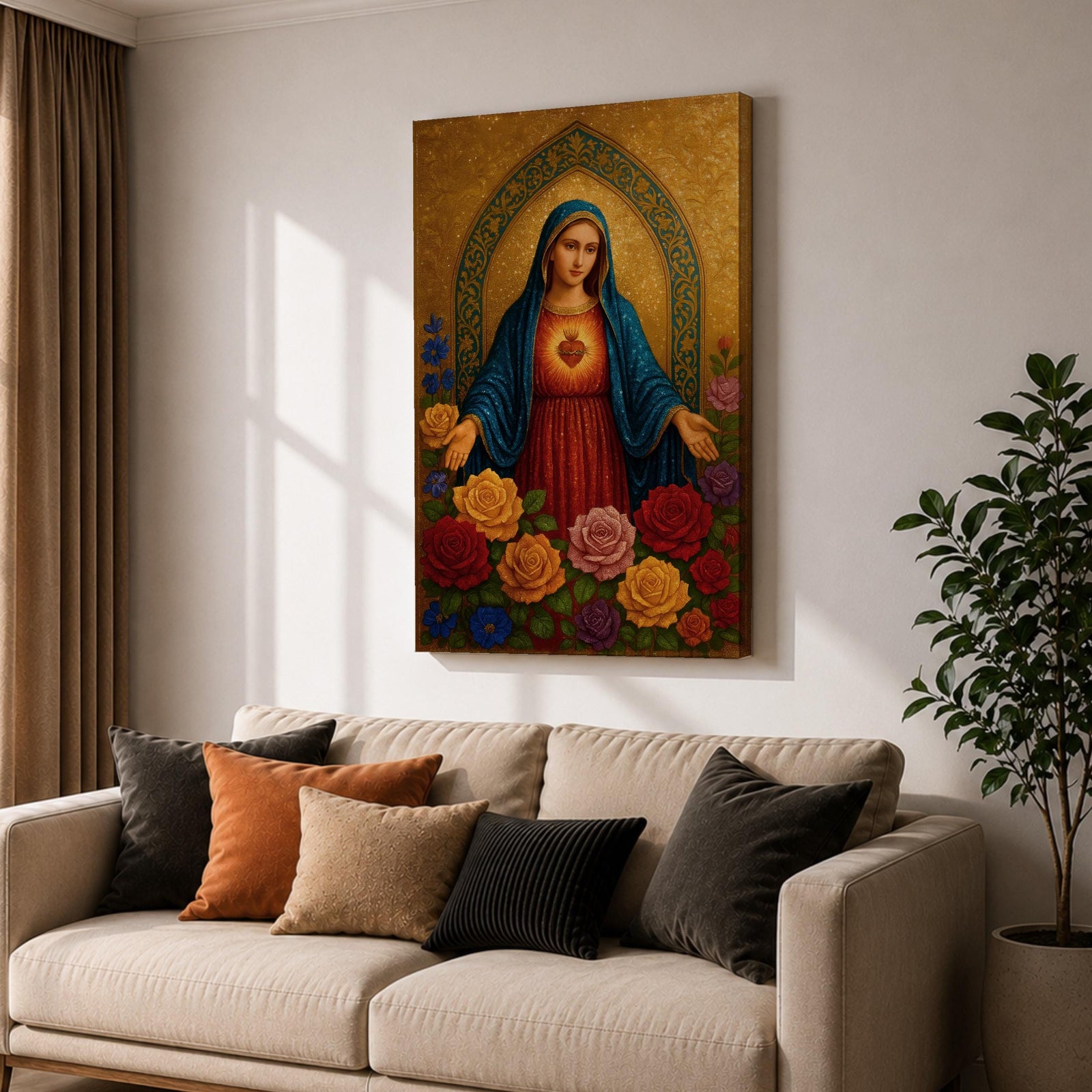 A detailed religious artwork depicting the Immaculate Heart of Mary with a glowing heart and surrounded by vibrant flowers, rendered in a classic icon style with rich textures and a golden background emphasizing the sacred theme.